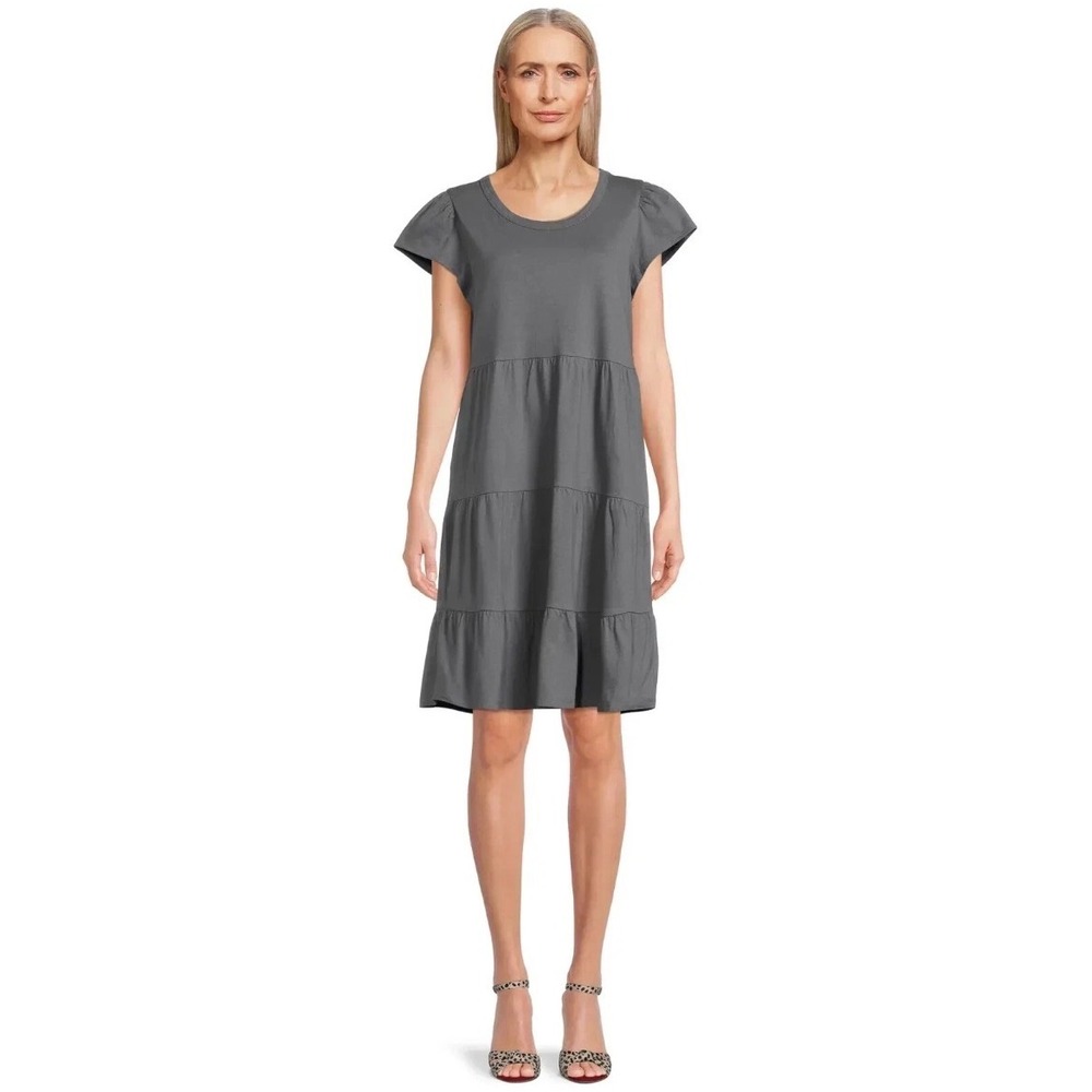 Time and Tru Gray Tiered Flutter Sleeve T Shirt Dress XL 16/18‎ Cotton Blend
